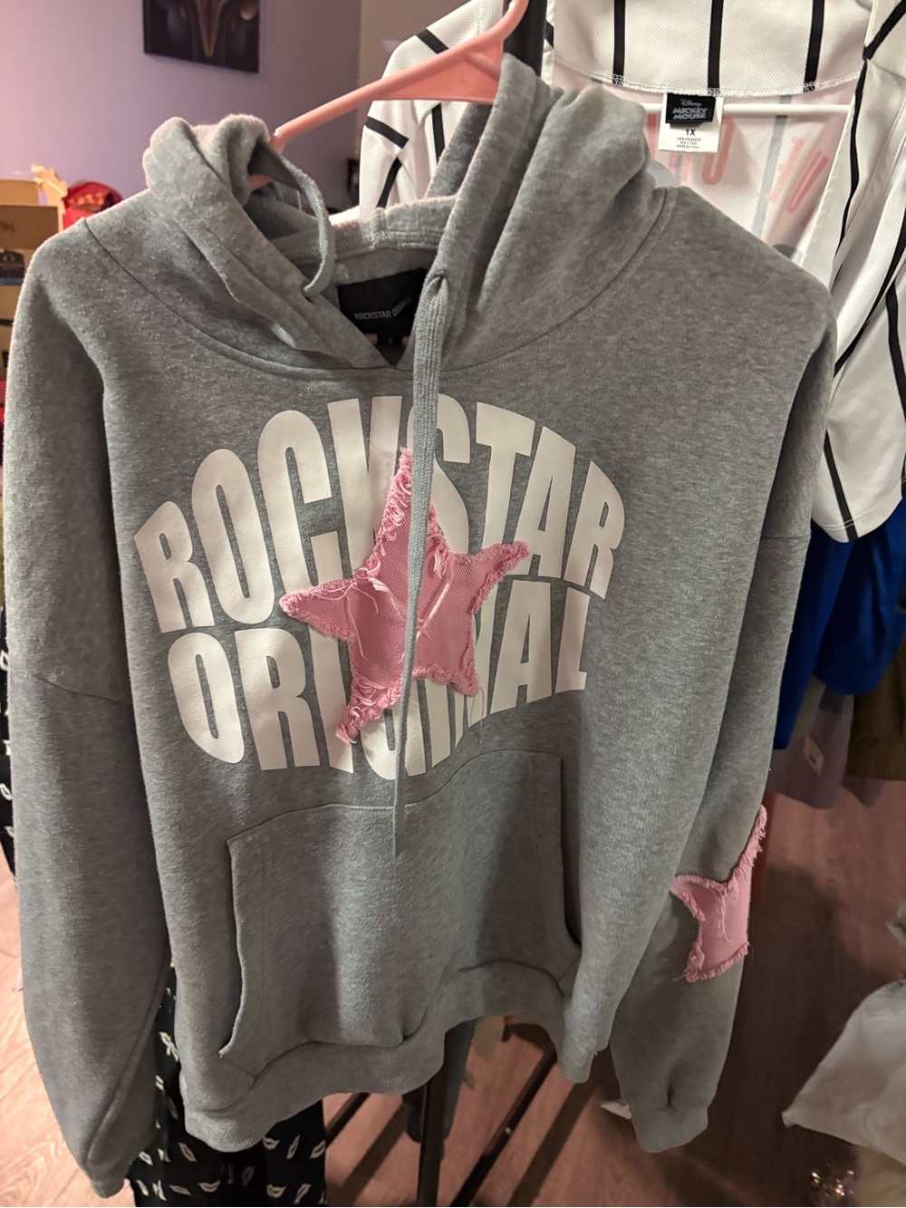 Rockstar Original Women's Gray Hoodie with Pink Star Appliqué